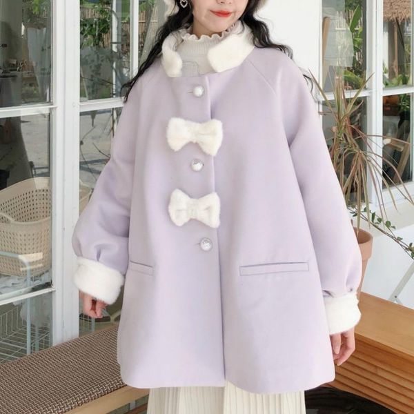 

women's wool & blends sweet lolita coat autumn winter women warm trend long coats chic cute bow loose outwear girl japanese style kawai, Black