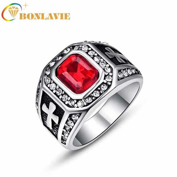 

wedding rings stainless steel ring vintage red crystal and cubic zirconia inlay men's cross engagement band anillos, Slivery;golden