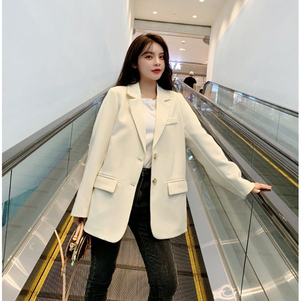 

2021 new senhora do escritrio usar terno blazer slido casual nico breasted casaco jaqueta formal manga longa gola entalhada blazers, White;black