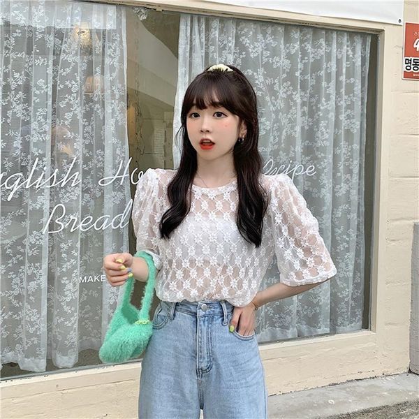 

women's blouses & shirts fashion woman 2021 women loose lace short sleeve blouse plus size clothing, White