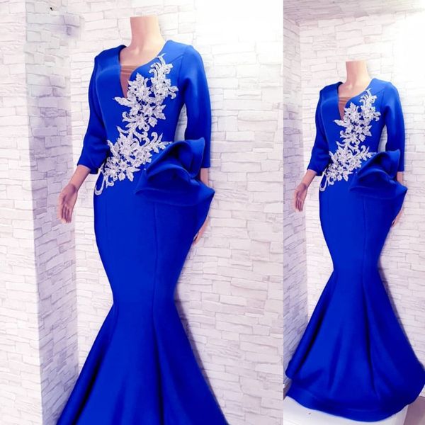 Royal azul vestidos de baile para mulheres cetim sereia jantar vestido noite desgaste de manga comprida roupão de soirée de mariage 2022 vestidos de festa