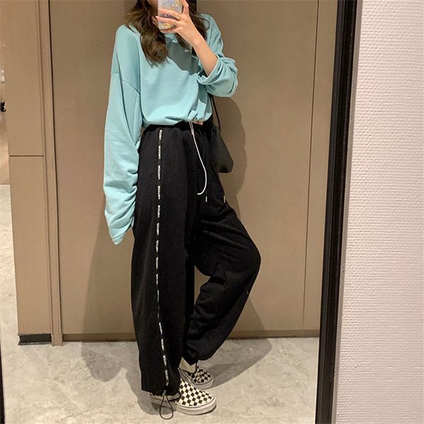 

new 2021 spring autumn high elastic waist straight trousers side stripe letter casual thin pants (f4236) no4o, Black;white