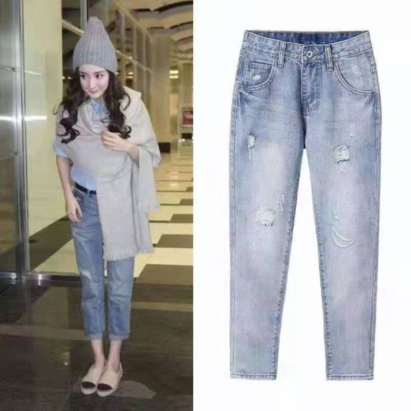 

same autumn wide leg hole light nine point pants loose, Blue