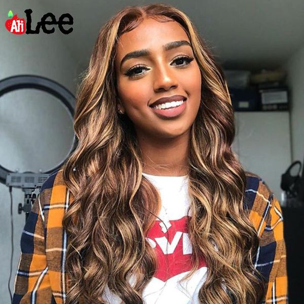 

lace wigs ali lee highlight wig human hair body wave colored pre plucked peruvian transparent frontal, Black;brown