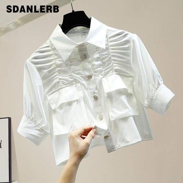 

lapel pleated single-breasted pocket decorative puff sleeve short shirt women's fashion loose temperament blouse blusas, White