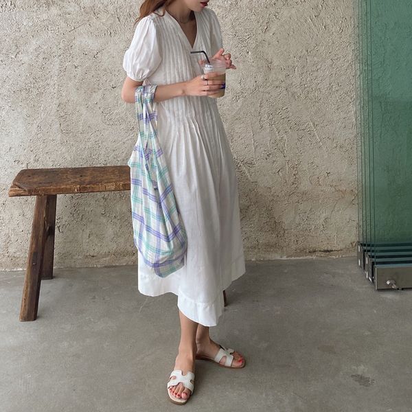 

2021 new ruched women white v neck long midi loose short sleeve pink button up korean summer black zpqk, Black;gray