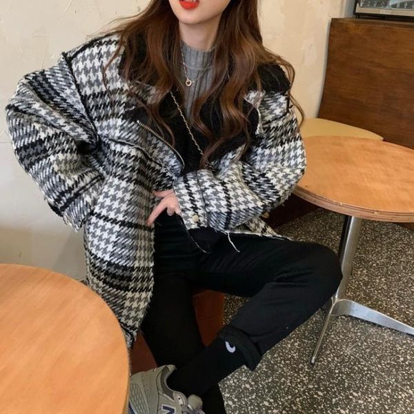 

women's jackets lapel thickened cashmere coat thousand bird check autumn and winter medium long loose windbreaker women, Black;brown