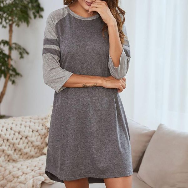 

casual dresses women o neck mini dress loose sleep shirt splicing 3/4 sleeve nightgown sleepwear summer spring homewear vestidos mujer, Black;gray