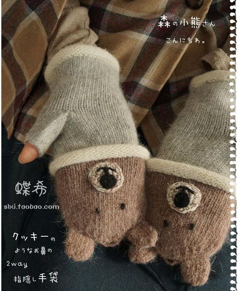

five fingers gloves mori girl lolita kawaii half finger cartoon lovely bear lion winter wool warm thicken fingerless luvas de inverno, Blue;gray