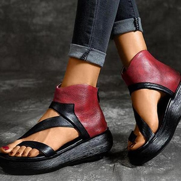 

gladiator sandals women summer strap women's flats open toe zipper casual shoes rome wedges thong sandals ladies shoes 433 y0305, Black