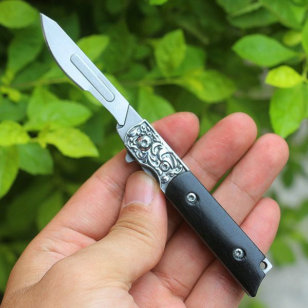 Promozione Multifunzionale Flipper Carving Coltello per cartelle 440C Lama satinata Manico in ebano Coltelli pieghevoli con cuscinetti a sfera Inclcuding 2 Lame