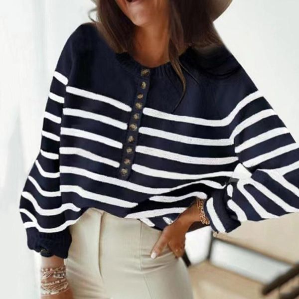 

women's blouses & shirts button up and women stripe print elegant knitted autumn office lady round neck loose blusas 40#, White