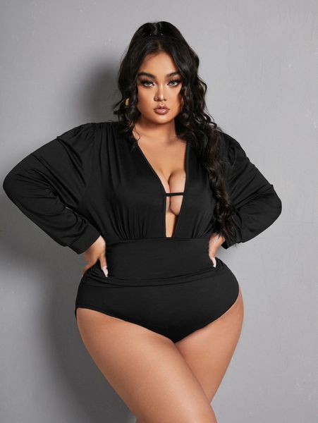 

plus solid cut out bodysuit i37z#, Black