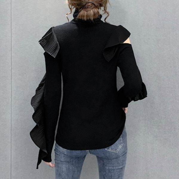 

fall winter european clothes knitted sweater girls chic solid ruffles off shoulder women all match black 2021 new t0d705a kqyu, White;black