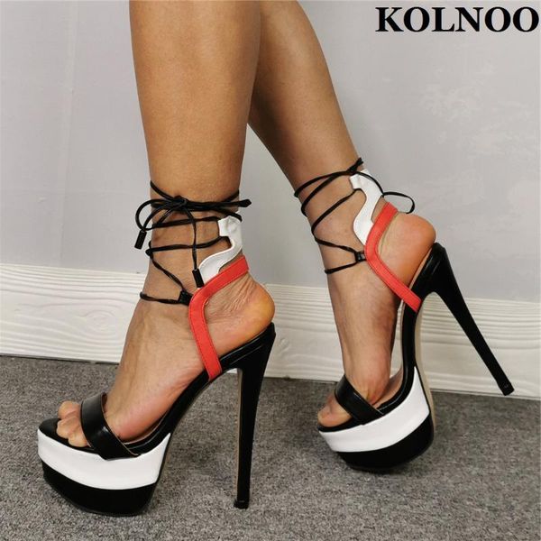 

sandals kolnoo handmade ladies high heeled multicolored patchwork leather summer platform evening club fashion shoes, Black