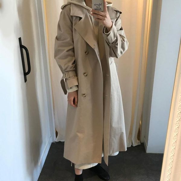 

women's trench coats korean women windbreaker jacket chic autumn french suit collar double breasted loose lace up waist cardigan knee l, Tan;black