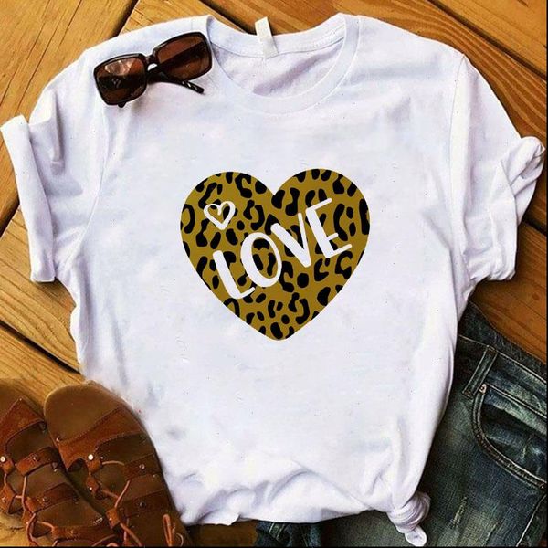 

women t shirts love heart leopard printed summer funny short sleeve graphic tee female harajuku t shirt tee top, White