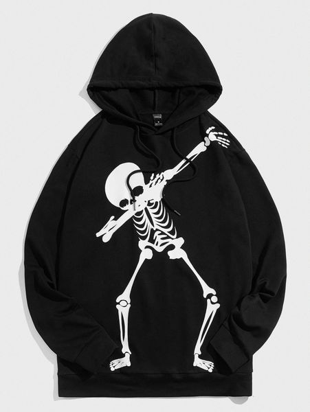 

men skeleton print drawstring hoodie h7zc#, Black