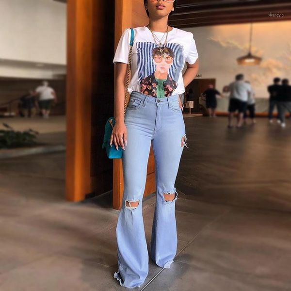 

2020 new women high waist flare jeans black bell bottom ripped for female jeans denim skinny mom wide leg pants1, Blue