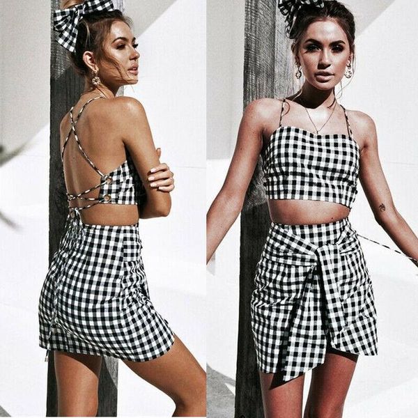 

two piece dress 2 set fashion women sets bodycon plaid summer bandge slim fit sleeveless soft women's 2021, White