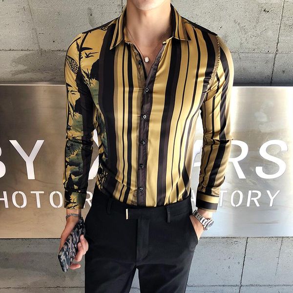 

men's casual shirts luxury gold shirt male 2021 spring and autumn long-sleeved self-cultivation party club ball quality clothing, White;black