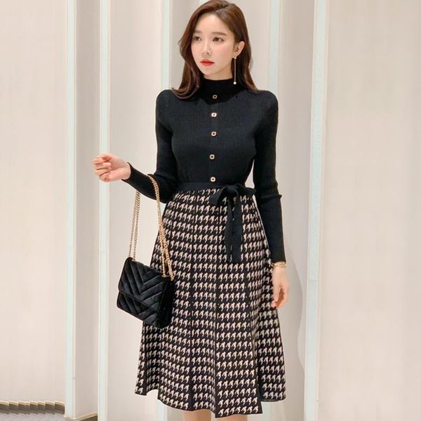 

new arrival autumn korean knitted plaid patchwork women's lace-up bow pleated houndstooth dresses vestido, Black;gray