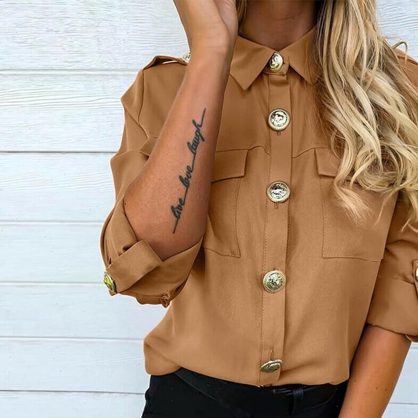 

women blouse buttons pockets shirt spring autumn long sleeve casual lady turn down collar plain office work blouse, White