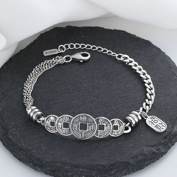 

chaosheng s925 sterling silver splicing fortune coin copper coin bracelet creative antique national design sense hand ornament, Golden;silver