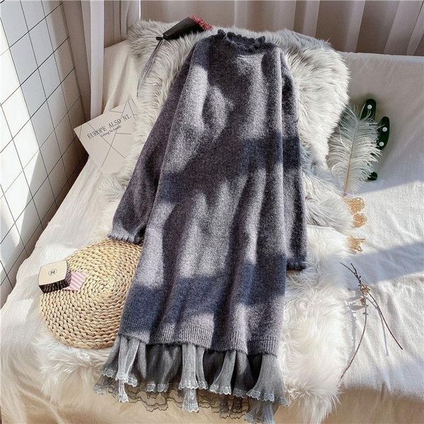 

casual dresses autumn winter 2021 vintage thick vestido female o-neck slim long sleeve mesh pleated dress lady loose knitted n106, Black;gray
