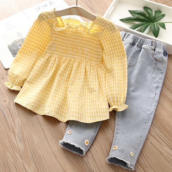 

autumn spring 2 3 4 7 8 10 years children long sleeve plaid blouse+jeans 2 piece suits baby kids girl outfits clothing sets 210701, White