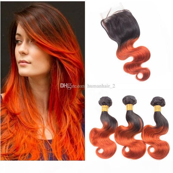 

two tone 1b 350 orange body wave lace closure with bundles new fashion color orange human hair 3bundles and 4*4 lace closure, Black;brown