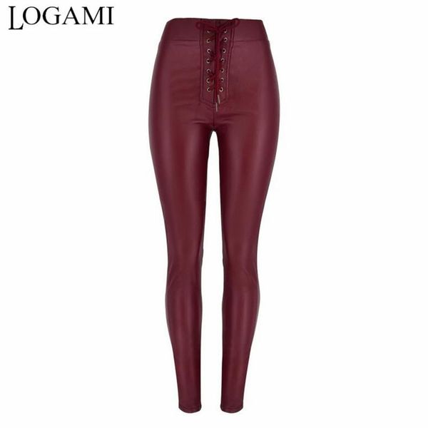 

women's pants & capris logami high waist drawstring leather women spring autumn pencil pu womens trousers, Black;white