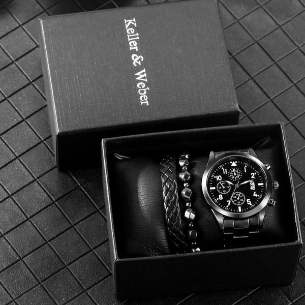 

wristwatches keller & weber 2021 business men's quartz watch bracelet set retro black exquisite gift, Slivery;brown