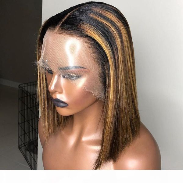 

150% honey blond highlight invisible color 13x4 short bob wig ombre lace front human hair wigs for women brazilian remy hair wig, Black;brown