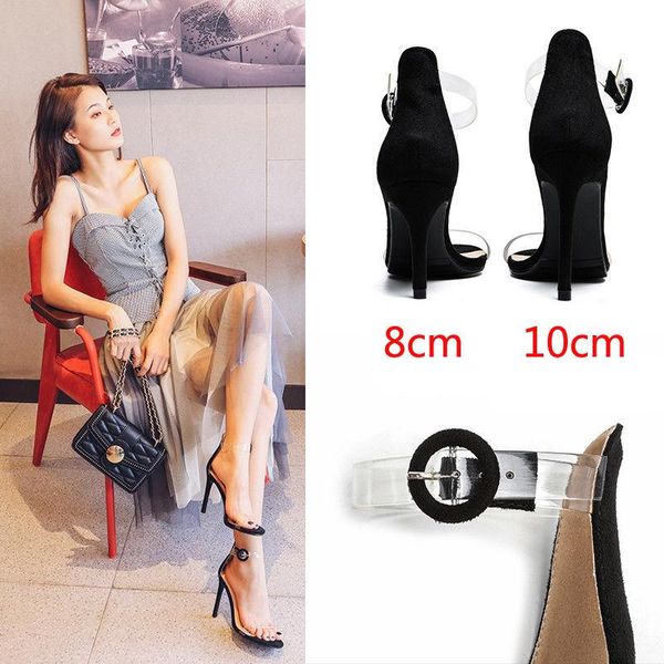 

2021 women high heel pumps new transparent open toe buckle high heel sandals female stiletto black princess small fresh