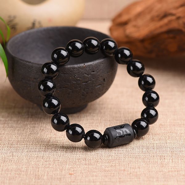 

crystal obsidian bracelet strands engrave with dragon or phoenix totem cylinder bead men women natural stone chain famous fashion, Black