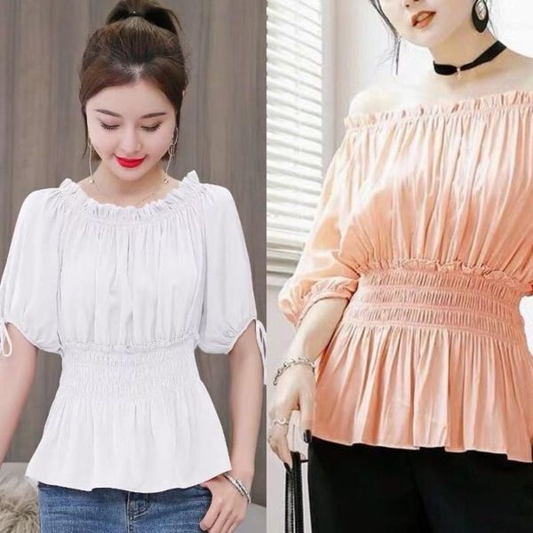 

new spring summer women retro vintage pleated slash collar cotton blouse female color sleeve shirt, White