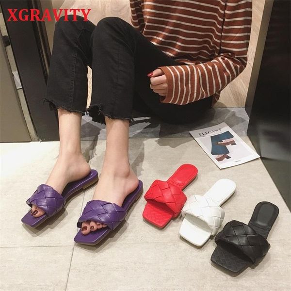 

sandals xgravity lady mules women slipper summer square toe flat ladies sandal weave stiletto dress shoes slides b141, Black