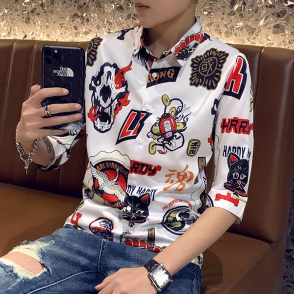 

2021 new spring social blouse chemise homme shirt graffiti print black streetwear casual slim half sleeve shirts men clothes 4zxc, White;black