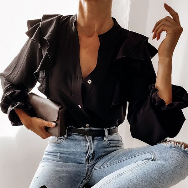 

casual black ruffle blouse shirt autumn winter long sleeve women shirts fashion office lady v-neck button blusa, White