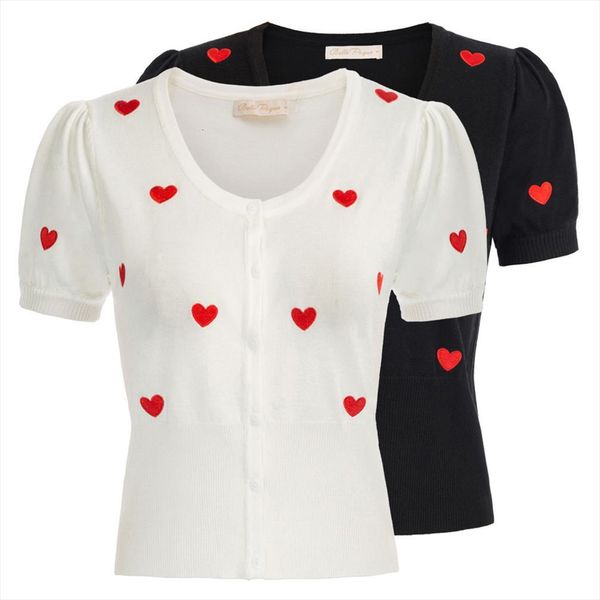 

women embroided cardigan coats womens sweaters brand design hart print short sleeve u neck cropped knitwear female soft, White;black