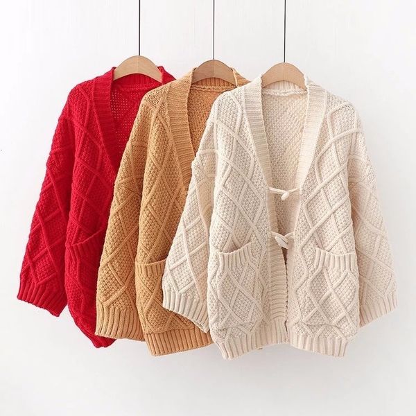 

women's sweaters horn buckle japanese college style women solid diamond jacquard loose v-neck knitted cardigan female spring uulp, White;black