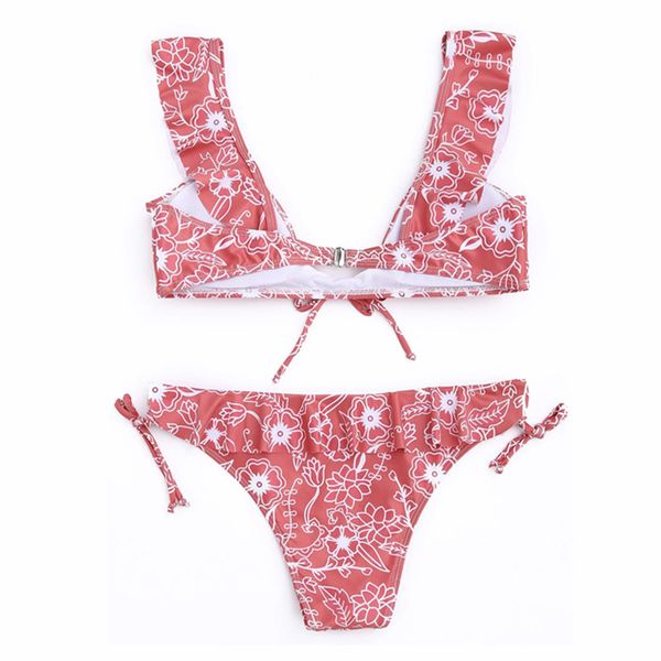 

bikini 2019 printing flower camisole lotus leaf edge bandage breast pad bikinis set swimwear women swimsuit biquini mayo, Black