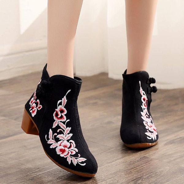 

boots embroidered booties women ankle buckle square heel casual short china style botas mujer footwear female winter shoe, Black