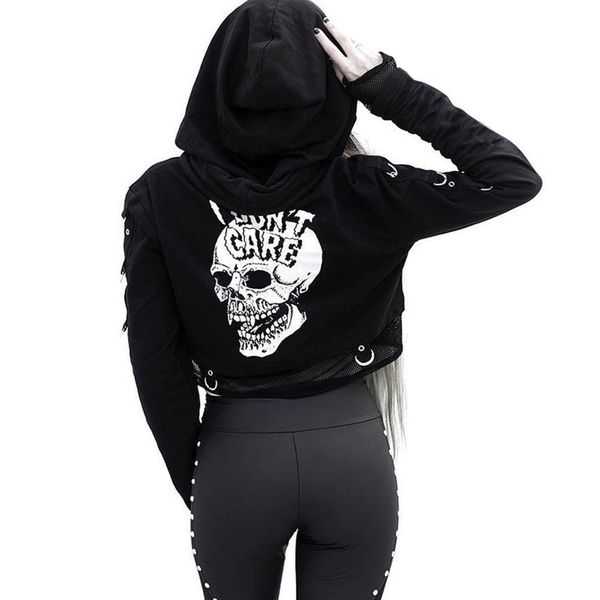 

gothic skull print mesh hoodie women bf punk style goth hip hop hooded short black hoodies long sleeve sweatshirt