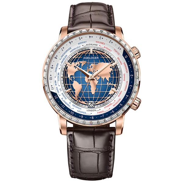 

wristwatches agelocer real world time rose gold watches automatic mechanical watch waterproof relogio masculino, Slivery;brown