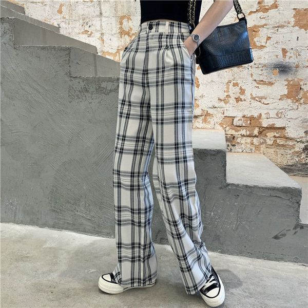 

2021 new white balck chess buttons fly women's trousers high waist leg drop casual pants streetwear eob6, Black;white