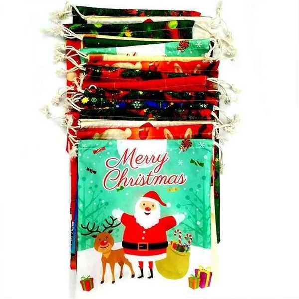 

2021 christmas children's cartoon polyester candy bags pocket drawstring bag mery christmas santa snowman elk xmas eve gift purse packs, White