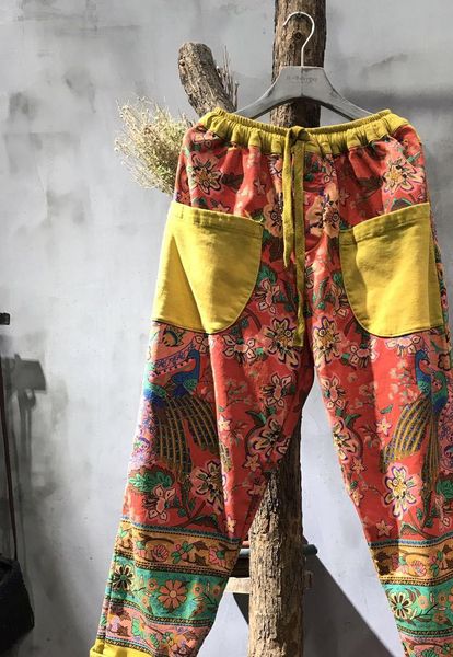 

women elastic waist patchwork printed pants ladies print floral loose trousers female flower pants retro vintage spring, Black;white