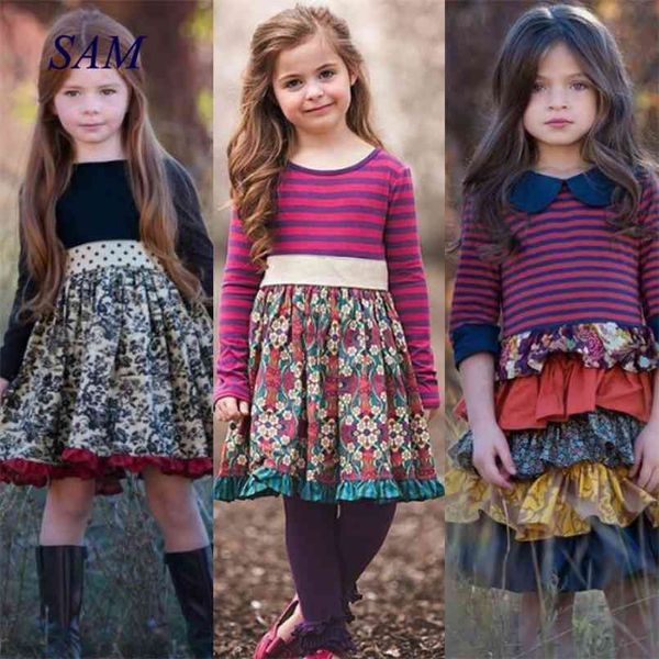 

ins girls spring and autum dress kids flower pastoral style striped long-sleeved dresses england cute princess for children 210915, Red;yellow
